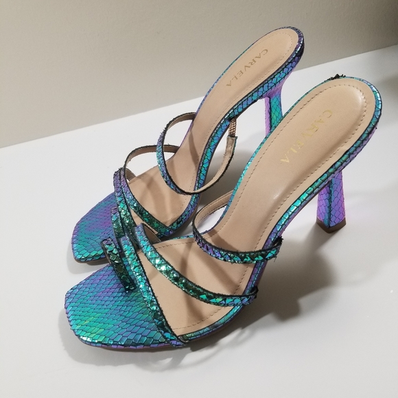 Carvela Metallic Turquoise Snakeskin Leather Strap Stiletto Open Toe Sandal 9.5 - Picture 3 of 8